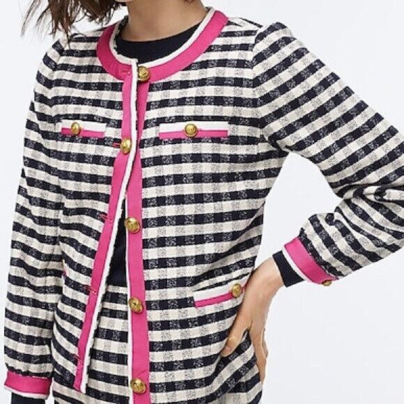 J. Crew Grosgrain Trim Jacket in Gingham Tweed AJ953 Pink Trim Women's Size 2 - Picture 10 of 16